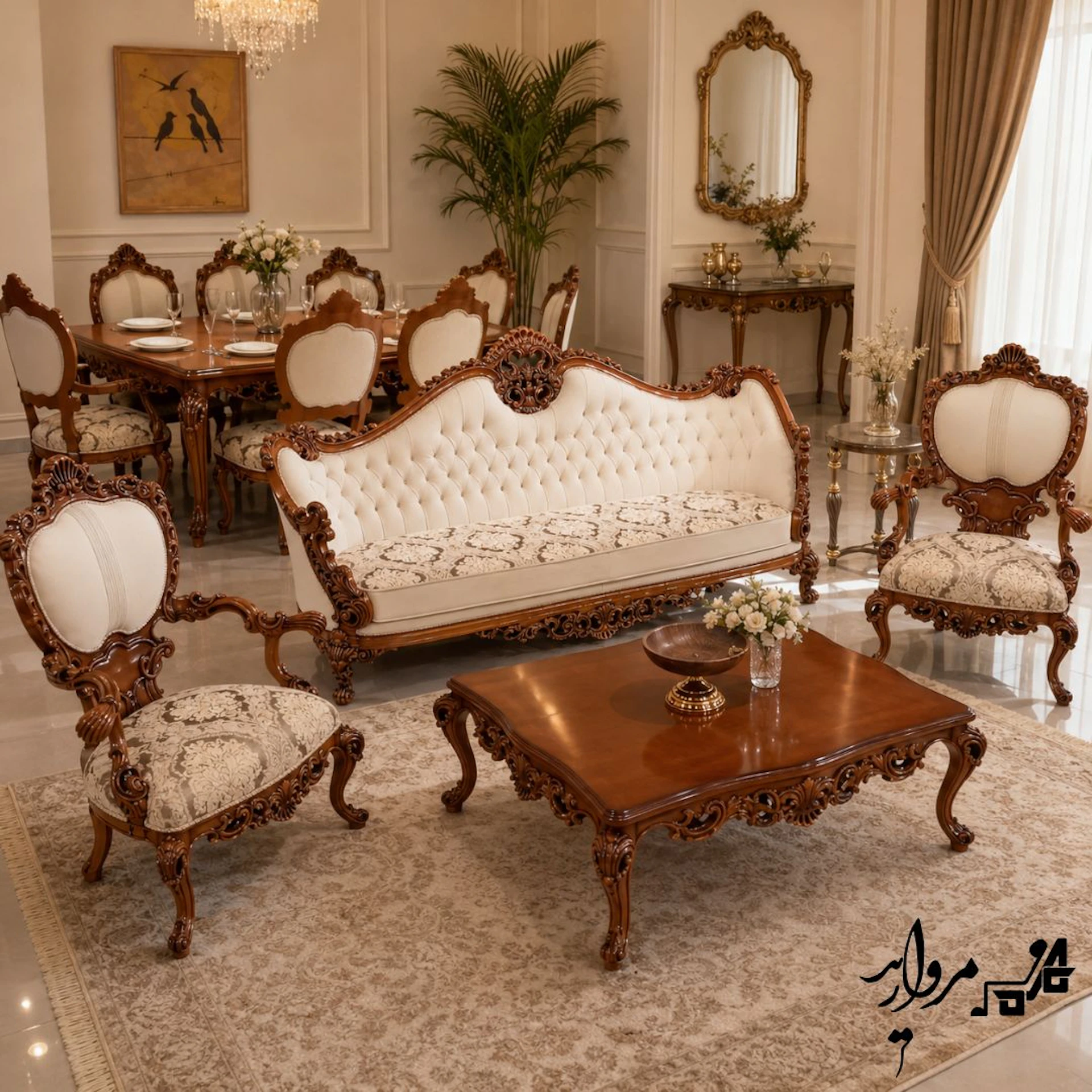 مبل کلاسیک مدل پاروک | ست مبلمان سلطنتی مروارید